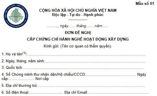 MẪU ĐƠN XIN CẤP CHỨNG CHỈ HÀNH NGHỀ XÂY DỰNG MỚI NHẤT HIỆN NAY