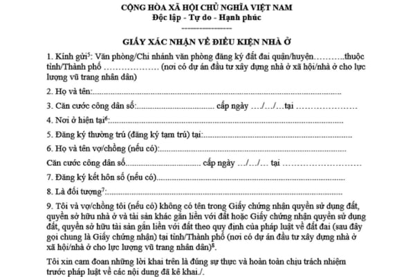 Mẫu GIẤY XÁC NHẬN VỀ ĐIỀU KIỆN NHÀ Ở chưa có nhà ở cho lực lượng vũ trang nhân dân