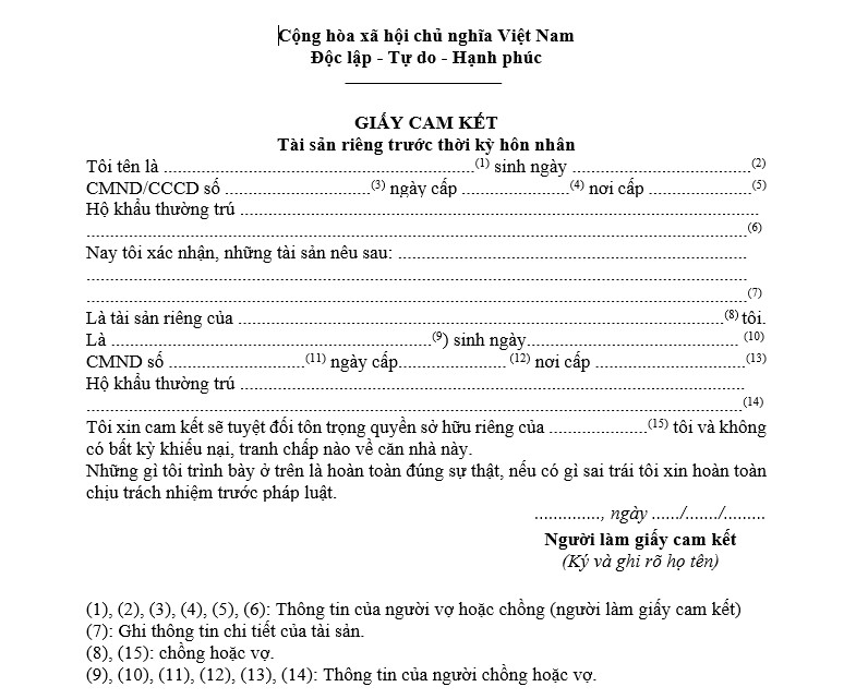 Mẫu xác nhận tài sản riêng trước hôn nhân