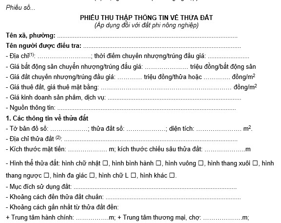 Mẫu phiếu thu thập thông tin về thửa đất đối với đất phi nông nghiệp tại Nghị định 151/2025/NĐ-CP