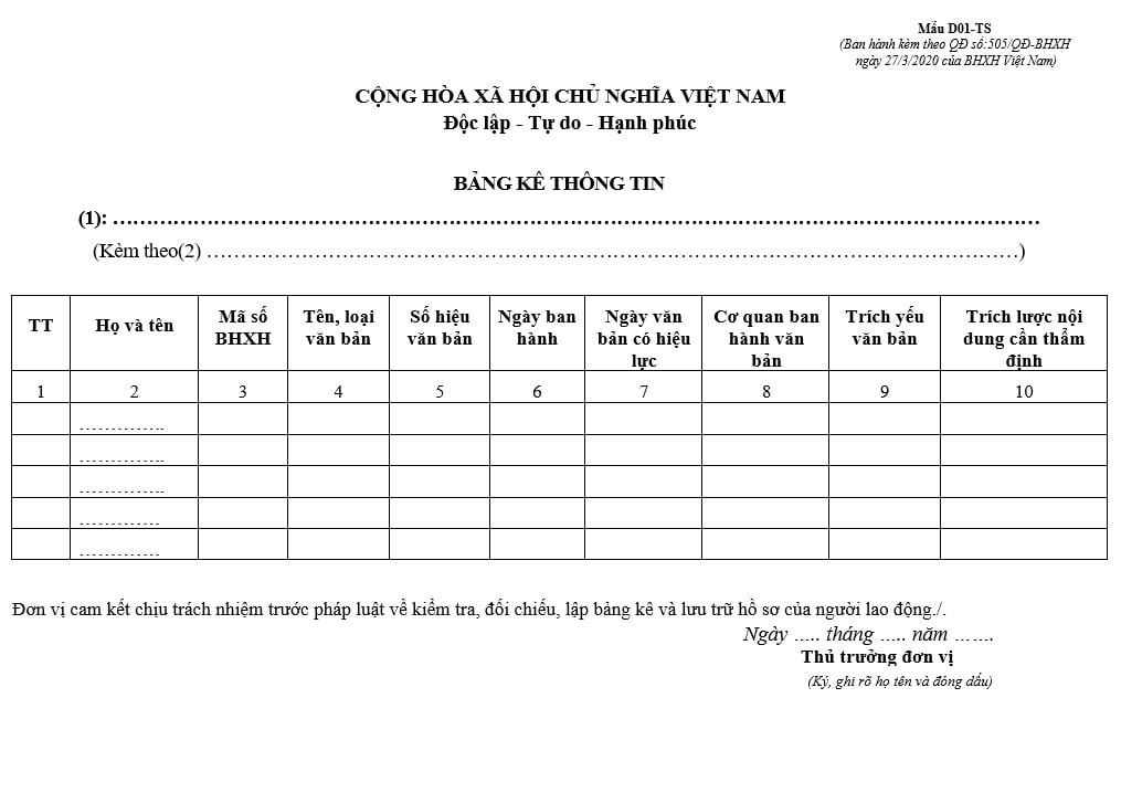Tải mẫu D01-TS theo Quyết định 505 mới nhất