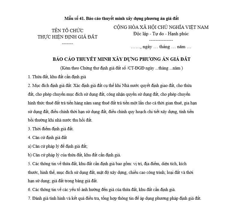 Mẫu Báo cáo thuyết minh xây dựng phương án giá đất