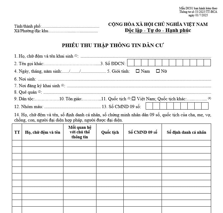 Phiếu thu thập thông tin dân cư áp dụng từ 1/7/2025