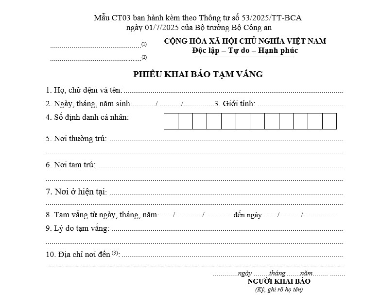 Phiếu khai báo tạm vắng theo Thông tư 53 áp dụng từ 1/7/2025