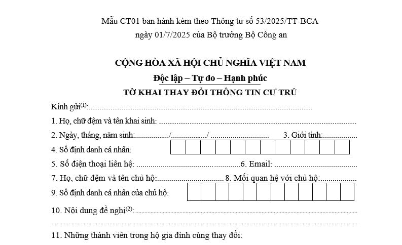 Mẫu Tờ khai thay đổi thông tin cư trú áp dụng từ 1/7/2025 theo Thông tư 55