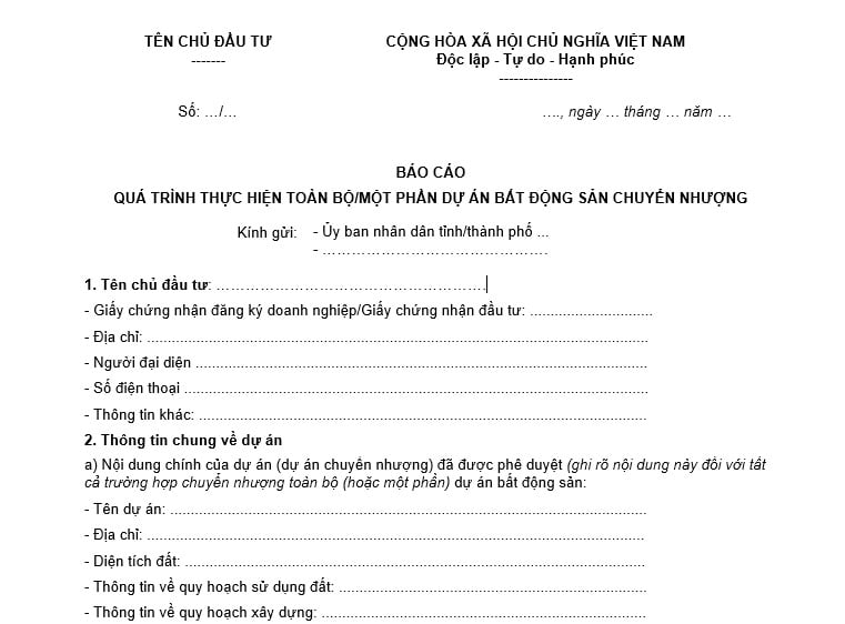 Mẫu Báo cáo quá trình thực hiện toàn bộ/một phần dự án bất động sản chuyển nhượng