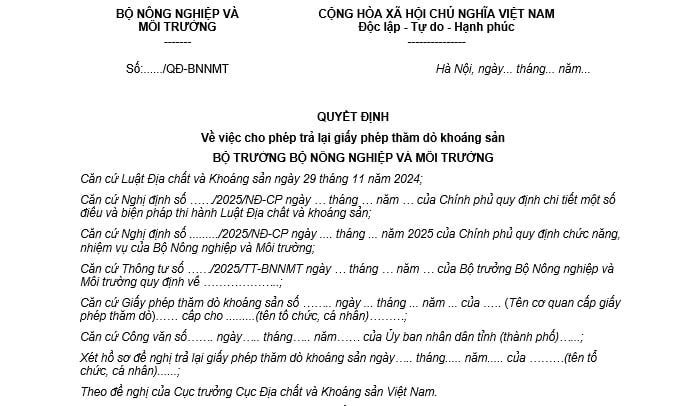 quyết định cho phép trả lại giấy phép thăm dò khoáng sản thuộc thẩm quyền cấp của BNNMT