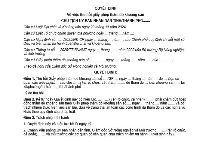 quyết định thu hồi giấy phép thăm dò khoáng sản thuộc thẩm quyền cấp của Ủy ban nhân dân cấp tỉnh