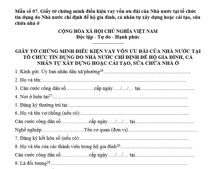 Giấy tờ chứng minh điều kiện vay vốn ưu đãi tại tổ chức tín dụng do Nhà nước chỉ định tự sửa chữa nhà ở