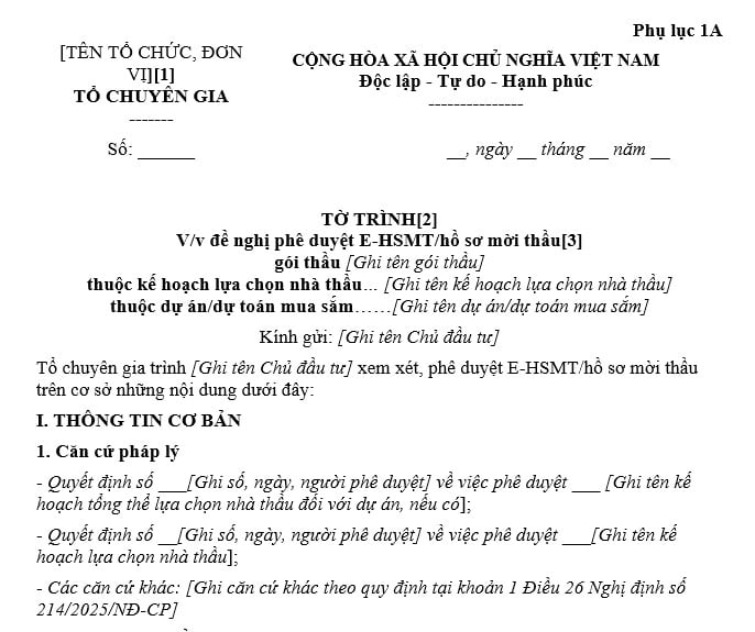 Tờ trình đề nghị phê duyệt hồ sơ mời thầu E-HSMT của Tổ chuyên gia