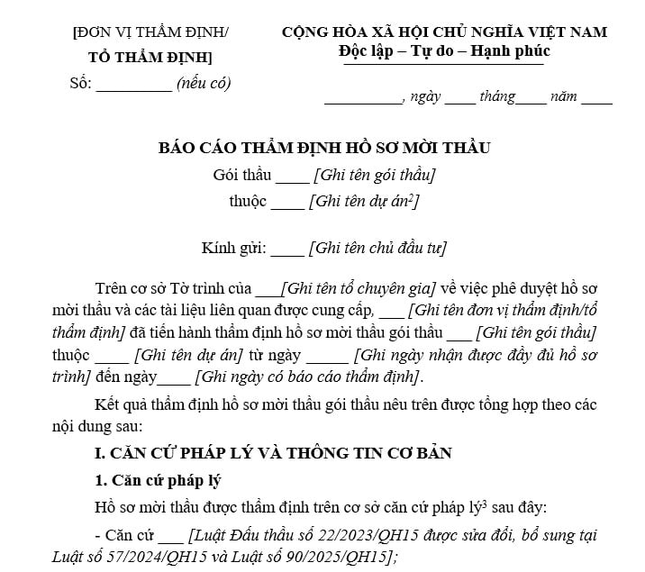 mẫu báo cáo thẩm định hồ sơ mời thầu