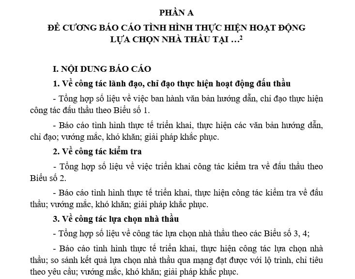 Mẫu Đề cương báo cáo tình hình thực hiện hoạt động lựa chọn nhà thầu, nhà đầu tư từ 08/08/2025