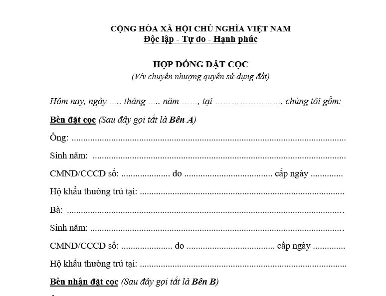 Tải mẫu hợp đồng đặt cọc chuyển nhượng quyền sử dụng đất năm 2026 chuẩn pháp lý