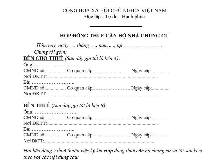 Mẫu hợp đồng thuê chung cư năm 2026 chuẩn pháp lý mới nhất