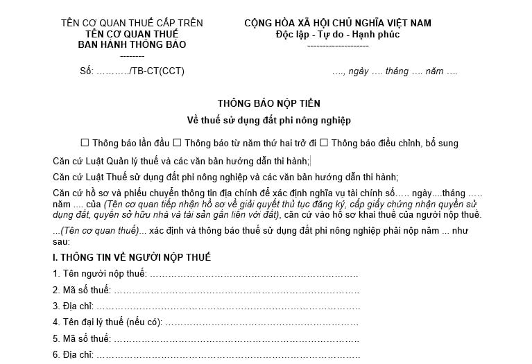 Mẫu thông báo nộp tiền thuế sử dụng đất phi nông nghiệp