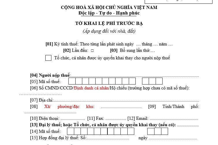 Mẫu Tờ khai lệ phí trước bạ nhà đất 2026