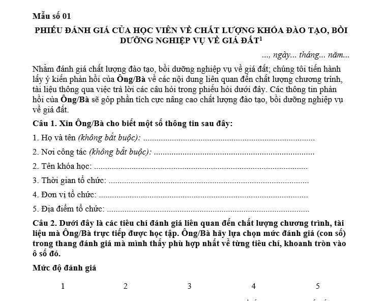 Mẫu phiếu đánh giá của học viên về chất lượng khóa đào tạo, bồi dưỡng nghiệp vụ về giá đất năm 2026