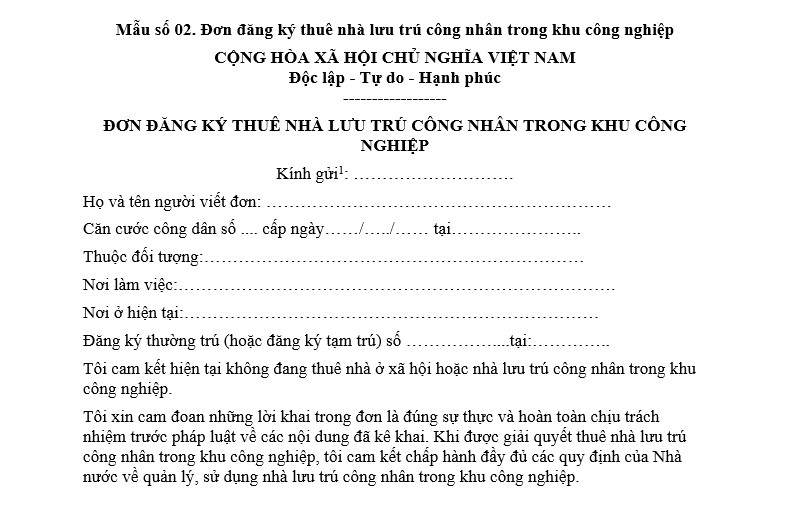 Tải mẫu đơn đăng ký thuê nhà lưu trú công nhân trong khu công nghiệp năm 2026