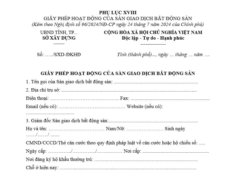 Mẫu giấy phép hoạt động của sàn giao dịch bất động sản năm 2026