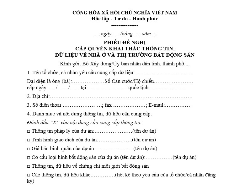 Tải phiếu đề nghị cấp quyền khai thác thông tin, dữ liệu về nhà ở và thị trường bất động sản năm 2026