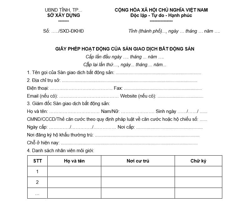 Tải về mẫu giấy phép hoạt động của Sàn giao dịch bất động sản cấp lại bản word