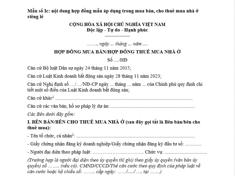 Mẫu hợp đồng mua bán, cho thuê mua nhà ở riêng lẻ năm 2026