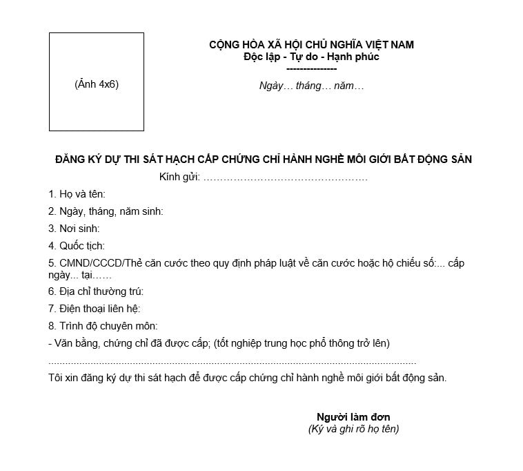 Mẫu đơn đăng ký thi chứng chỉ hành nghề môi giới Bất động sản năm 2026 là mẫu nào?