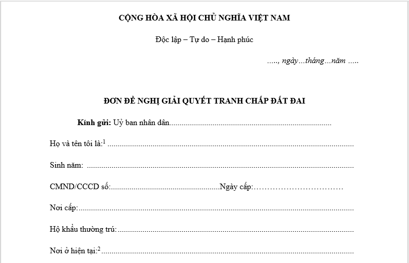Đơn đề nghị giải quyết tranh chấp đất đai mới nhất 2026