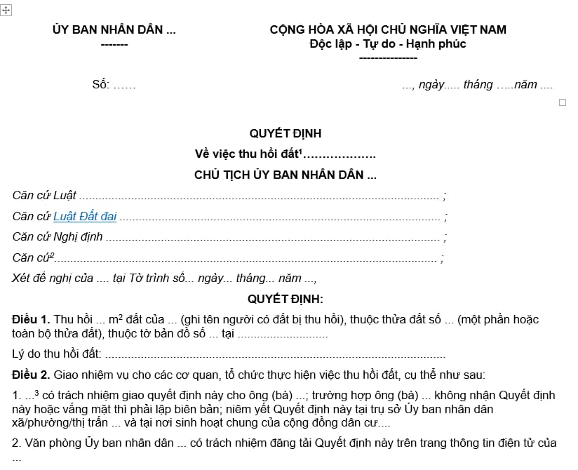 Mẫu đơn quyết định thu hồi đất mới nhất 2026?