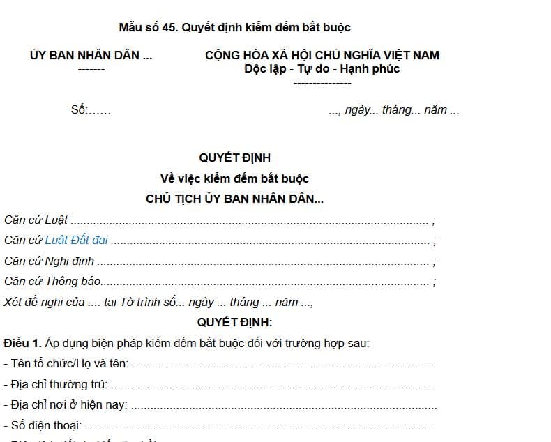 Mẫu đơn quyết định kiểm đếm bắt buộc khi thu hồi đất mới nhất 2026