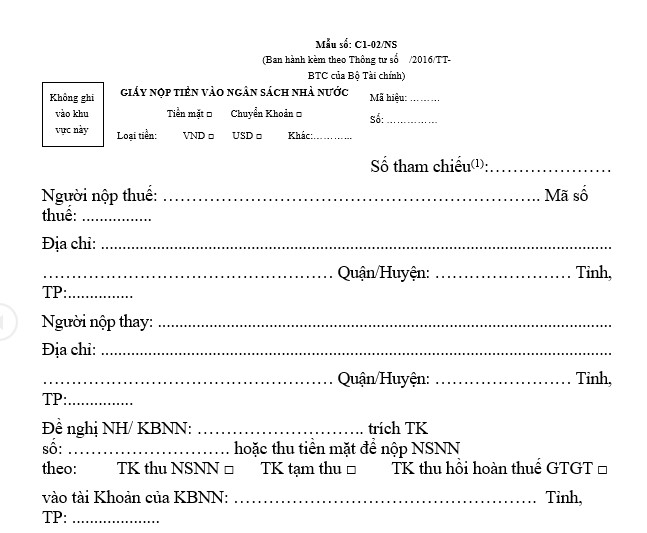 Mẫu giấy nộp tiền vào ngân sách nhà nước mới nhất? Tải Mẫu C1 02/NS mới nhất?