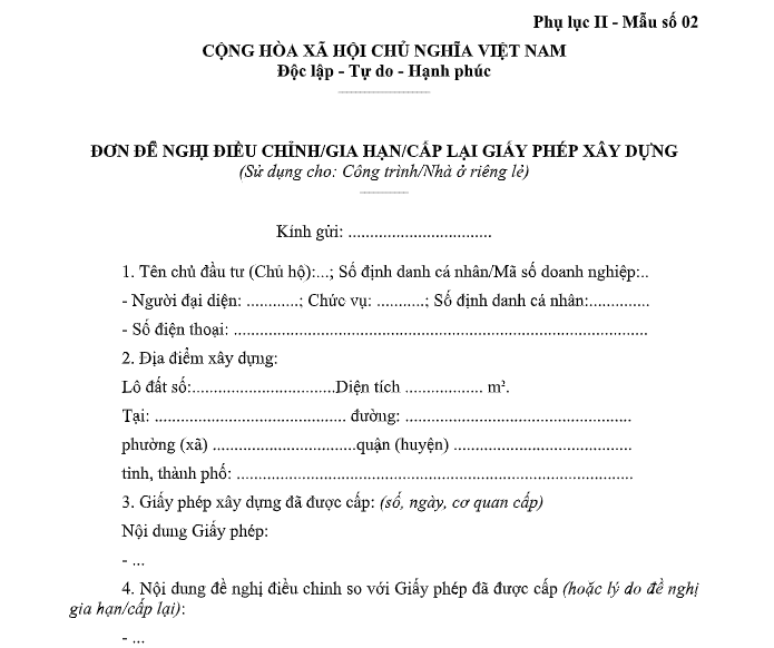 Mẫu đơn đề nghị gia hạn giấy phép xây dựng công trình mới nhất?
