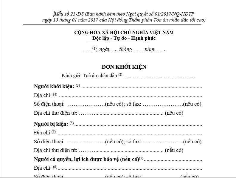 Mẫu đơn khởi kiện