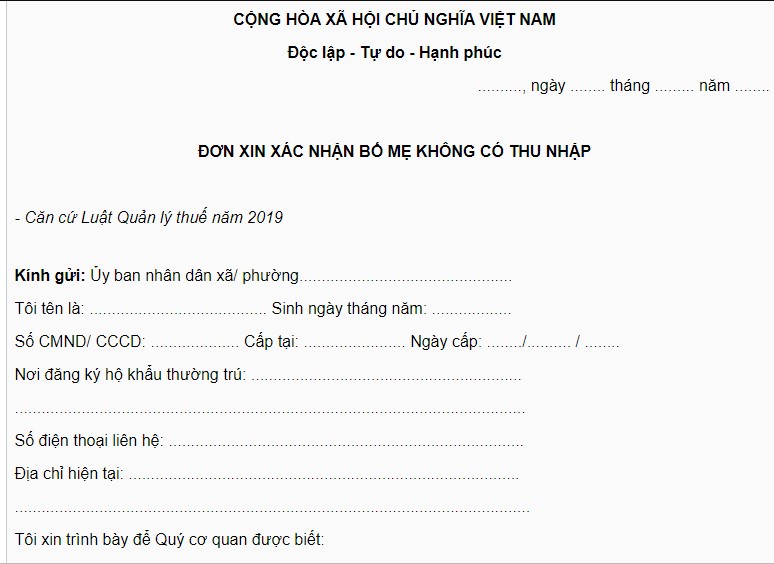 Mẫu đơn xin xác nhận bố mẹ không có thu nhập để giảm trừ gia cảnh