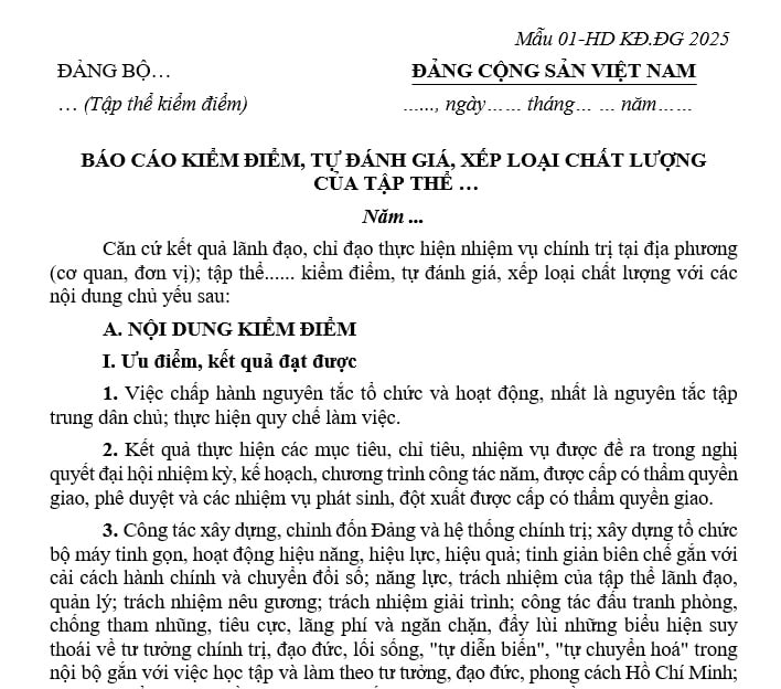 Báo cáo kiểm điểm tự đánh giá xếp loại chất lượng tập thể Đảng viên (Mẫu 01) theo Hướng dẫn 43-HD/BTCTW năm 2025