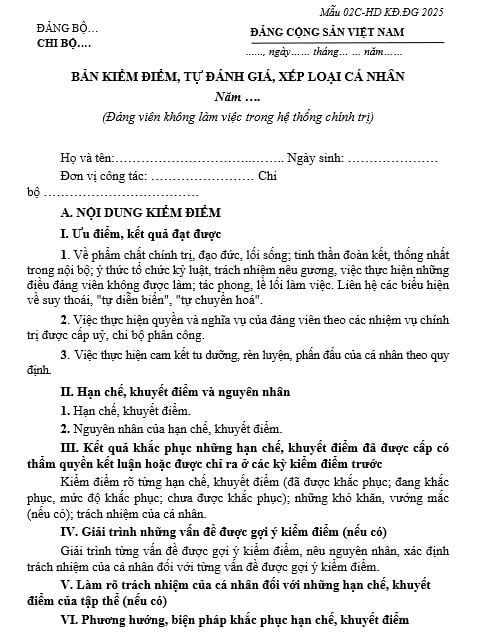Mẫu bản kiểm điểm cá nhân Đảng viên cuối năm 2025 (Mẫu 02C) theo Hướng dẫn 43 năm 2025