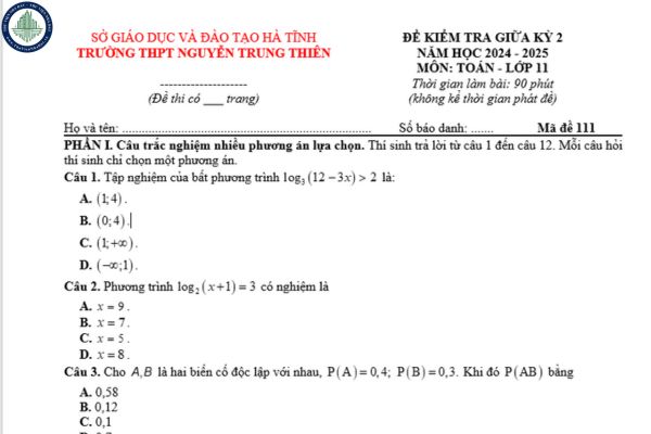 Đáp án đề thi giữa kì 2 Toán 11 Hà Tĩnh trường THPT Nguyễn Trung Thiên?