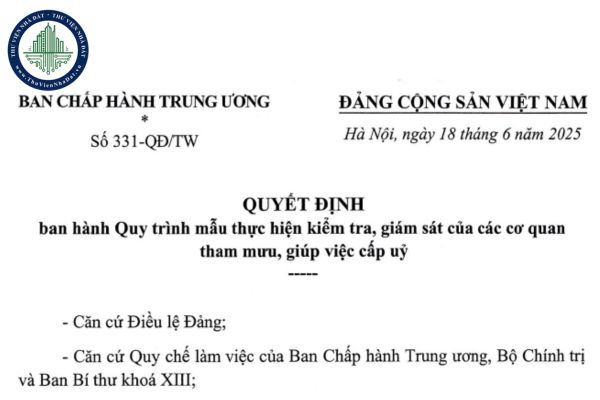Tải file Quyết định 331-QĐ/TW 2025 ban hành quy trình mẫu thực hiện kiểm tra giám sát của các cơ quan tham mưu giúp việc cấp ủy