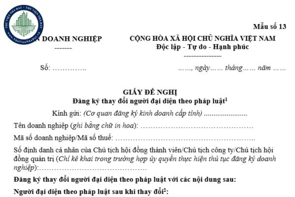 Tải file word mẫu giấy đề nghị đăng ký thay đổi người đại diện theo pháp luật (Mẫu 13 Thông tư 68/2025/TT-BTC)