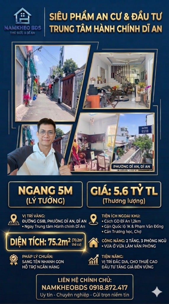 BÁN NHÀ ĐƯỜNG GS18 TRUNG TÂM HÀNH CHÍNH DĨ AN, 75M2 2 TẦNG, 3PN, GIÁ 5.6 TỶ