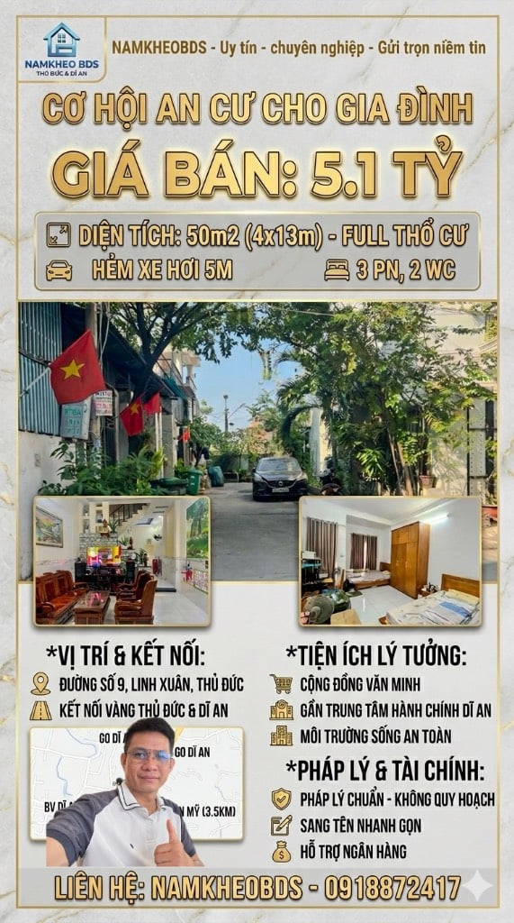 AN CƯ CHO GIA ĐÌNH, NHÀ ĐẸP LUNG LINH, ĐƯỜNG 9 LINH XUÂN, 50M2(4X13), 3PN, 5.1 TỶ