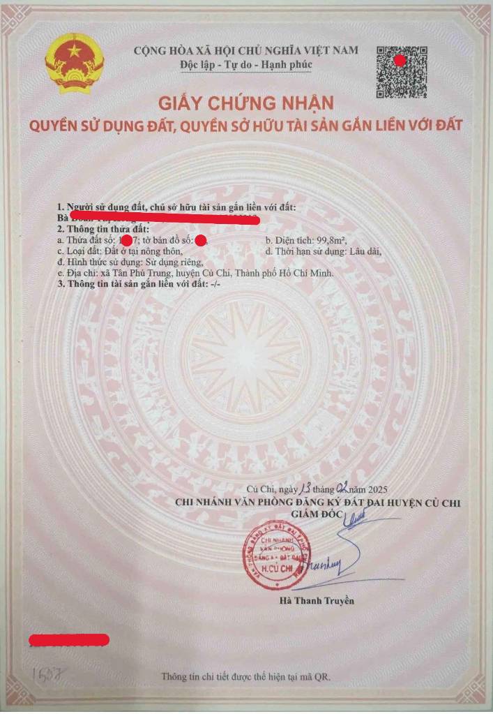 Bán đất đường Cây Da xã Tân Phú Trung Củ Chi, dt 100m2 sổ hồng riêng giá 1,2 tỷ