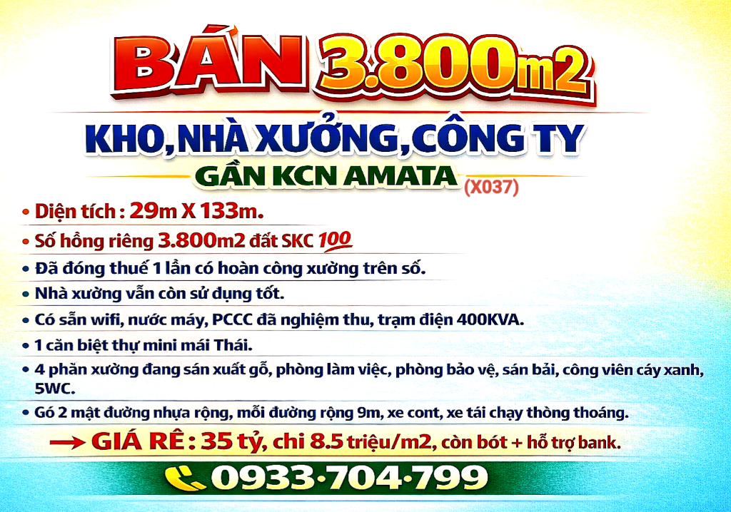 BÁN 3800m2 KHO, NHÀ XƯỞNG, CÔNG TY P.LONG BÌNH GẦN KCN AMATA, SỔ HỒNG RIÊNG SKC 100% (X037)