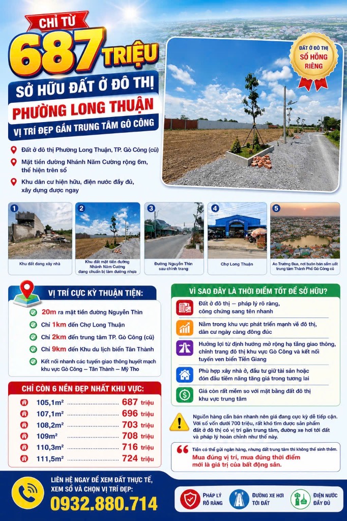 BÁN ĐẤT ĐÔ THỊ PHƯỜNG LONG THUẬN, VỊ TRÍ ĐẸP GẦN TRUNG TÂM GÒ CÔNG, CHỈ TỪ 687 TRIỆU SỞ HỮU