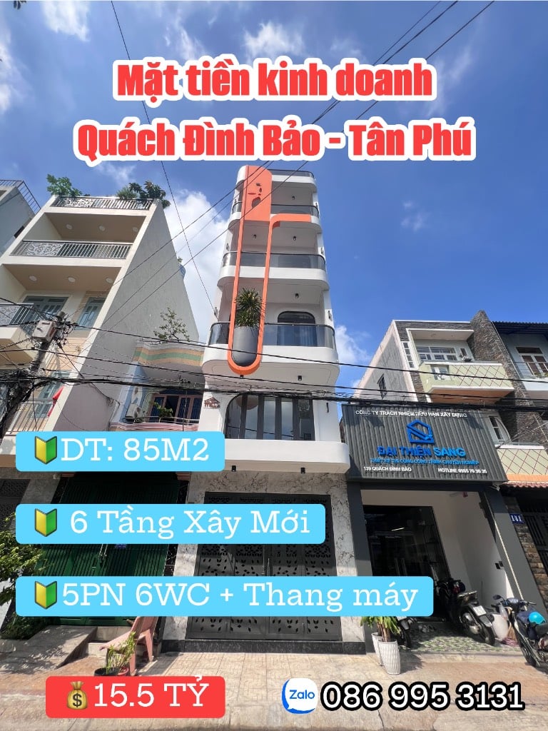Bán nhà Nguyễn Sơn, Tân Phú, Mặt tiền kinh doanh, dt 85m2, 6 tầng , thang máy