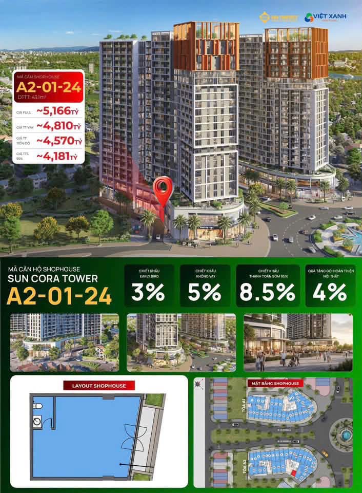 Bán shophouse khối đế Hòa Xuân Đà Nẵng, dt 43m², sổ hồng, giá 4.1 tỷ
