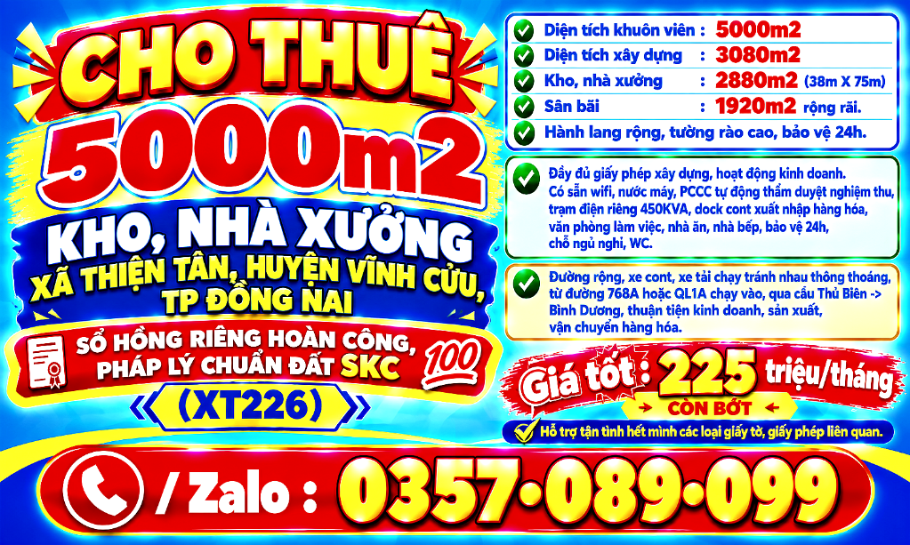 5000m2 CHO THUÊ KHO, NHÀ XƯỞNG XÃ THIỆN TÂN, SỔ HỒNG HOÀN CÔNG, PHÁP LÝ CHUẨN ĐẤT SKC (XT226)