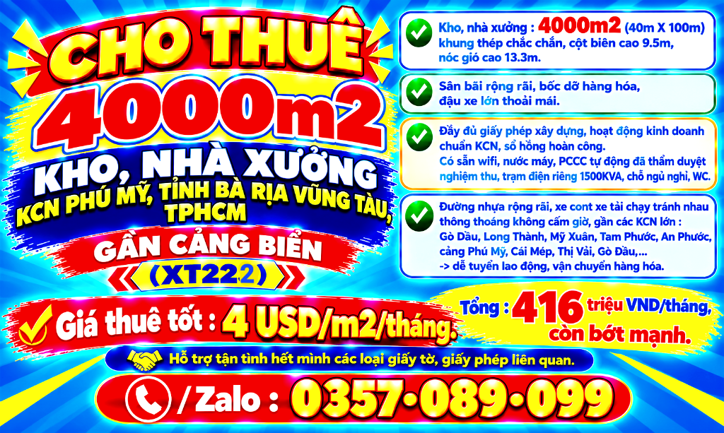 4000m2 CHO THUÊ KHO LOGISTICS, NHÀ XƯỞNG KCN PHÚ MỸ, TỈNH BÀ RỊA VŨNG TÀU, TPHCM GẦN CẢNG BIỂN