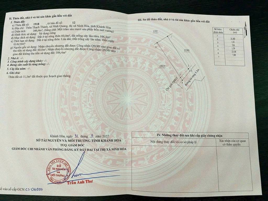 Chỉ 900 triệu chủ Bán lô đất Thạch Thành, Ninh Quang Ninh Hoà