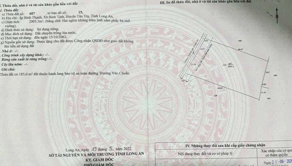 Bán lô 1250m² có 150m² thổ MT Trương Văn Chuẩn, X. Tân Trụ, Tây Ninh, đường thông nhiều hướng